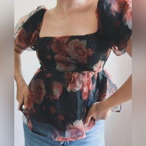 Black and Red Puff Sleeve Organza Floral Blouse Size S